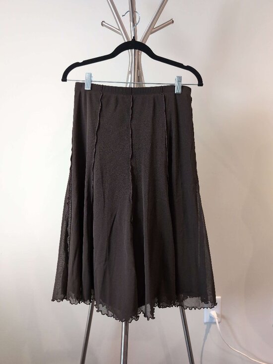 Mexx Dresses & Skirts - Mexx Dark Brown Flared A-Line Midi Skirt | Scalloped Mesh Hem | 100% Nylon